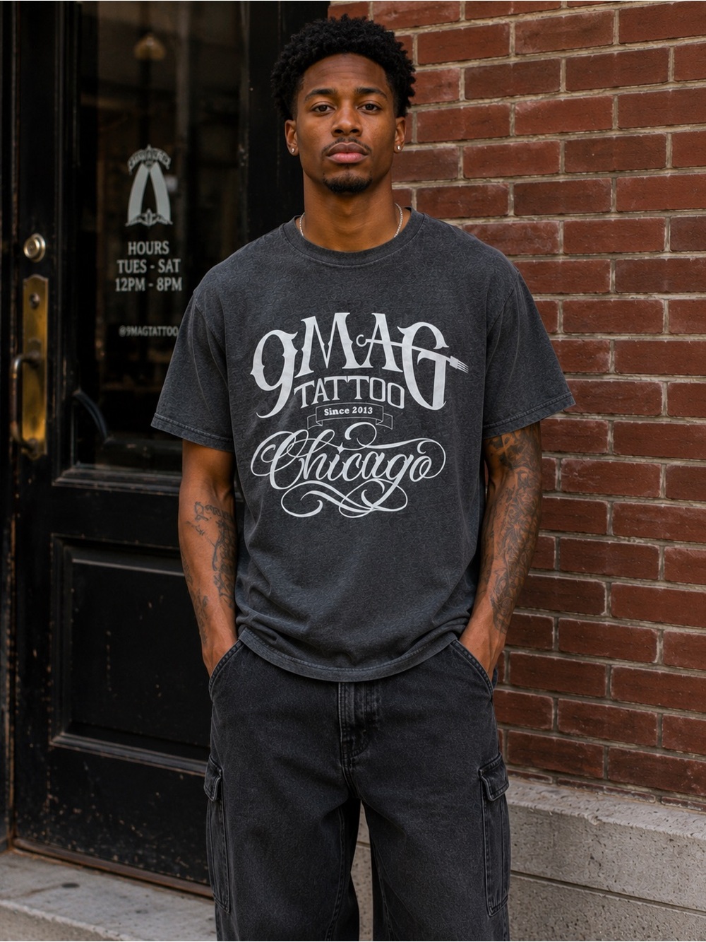 9MAG Tattoo Chicago Graphic Tee Gray Large Streetwear
